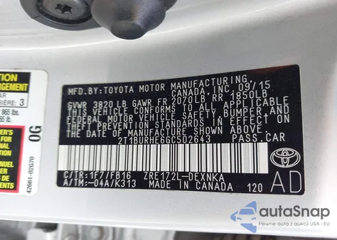 2016 Toyota Corolla Le z USA, uszkodzony, nr VIN 2T1BURHE6GC502643